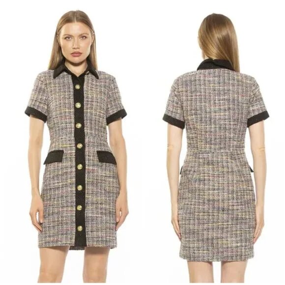 Alexia Admor Dresses & Skirts - NWTs ALEXIA ADMOR Jenni Collar Button Down Tweed Shirt Mini Dress Size 8 Preppy